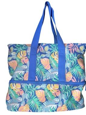 Neoprene Tropical Beach Tote Bag Cooler Bottom Zip Blue Large Insulated